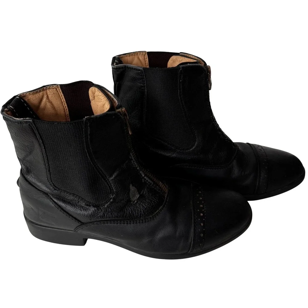 TuffRider Paddock Boots Kids EU 36 Black Good Leather Front Zip Cap Toe RN 51957